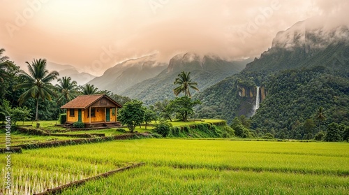 Typical Indian style home amidst paddy fields, mountains & waterfall during monsoon season in coastal or mountainous region of India. Image created through AI