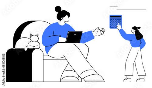 Woman seated on a couch using a laptop, child pressing a wall-mounted calculator, cat resting nearby. Ideal for themes thumbs up remote work, learning, family life, balance, productivity, parenting