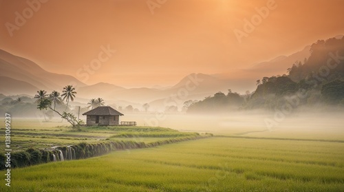 Typical Indian style home amidst paddy fields, mountains & waterfall during monsoon season in coastal or mountainous region of India. Image created through AI