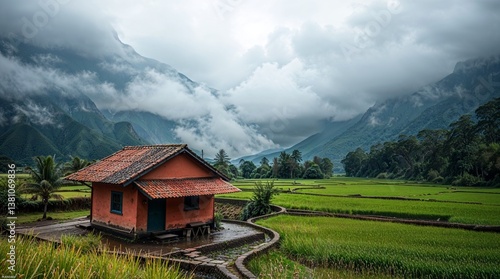 Typical Konkani home amidst paddy fields, mountains & waterfall during monsoon season in coastal Maharashtra. Image created through AI.