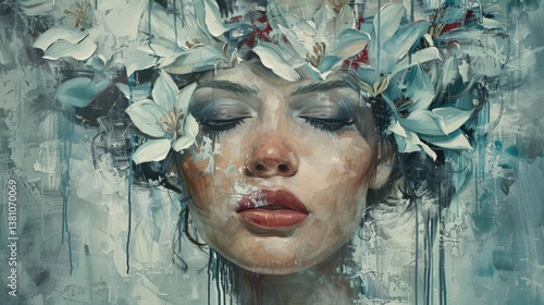 girl flowers on hair, collarbone, oil painting, very similair to the reference image, ewa hauton, painting , impressionism, revolution, movement, white and a bit grey color