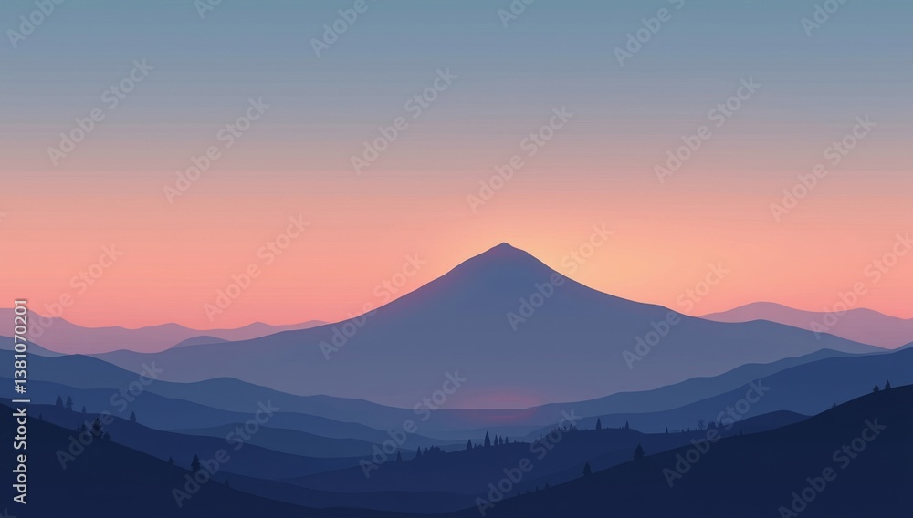 minimalist landscape featuring a silhouetted mountain against a gradient sky, with a small, brightly lit object in the distance. Vector art style, flat colors, subtle lighting minimalist landscape featuring a silhouetted mountain against a gradient sky, with a small, brightly lit object in the distance. Vector art style, flat colors, subtle lighting