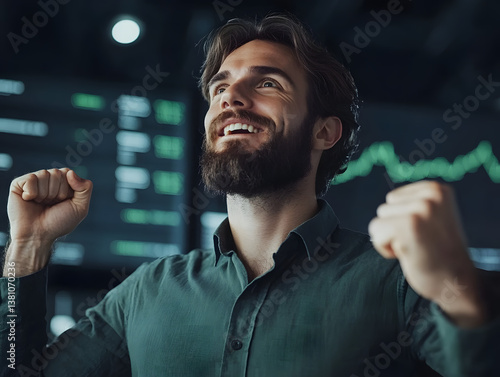 Excited Businessman Celebrating Financial Success in a Stock Market Setting