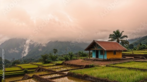 Typical Indian style home amidst paddy fields, mountains & waterfall during monsoon season in coastal or mountainous region of India. Image created through AI