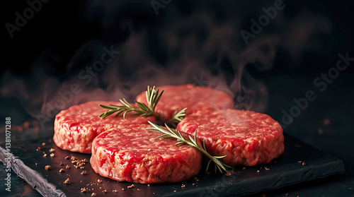 Raw Burger Patties on Dark Slate, Fresh Ground Meat with Rosemary, Ready for Grilling with Smoke and Culinary Flair.