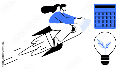 Woman flying on a rocket symbolizes progress, calculator represents calculation and analytics, lightbulb conveys innovation and creativity. Ideal for innovation, business, growth, goals, success