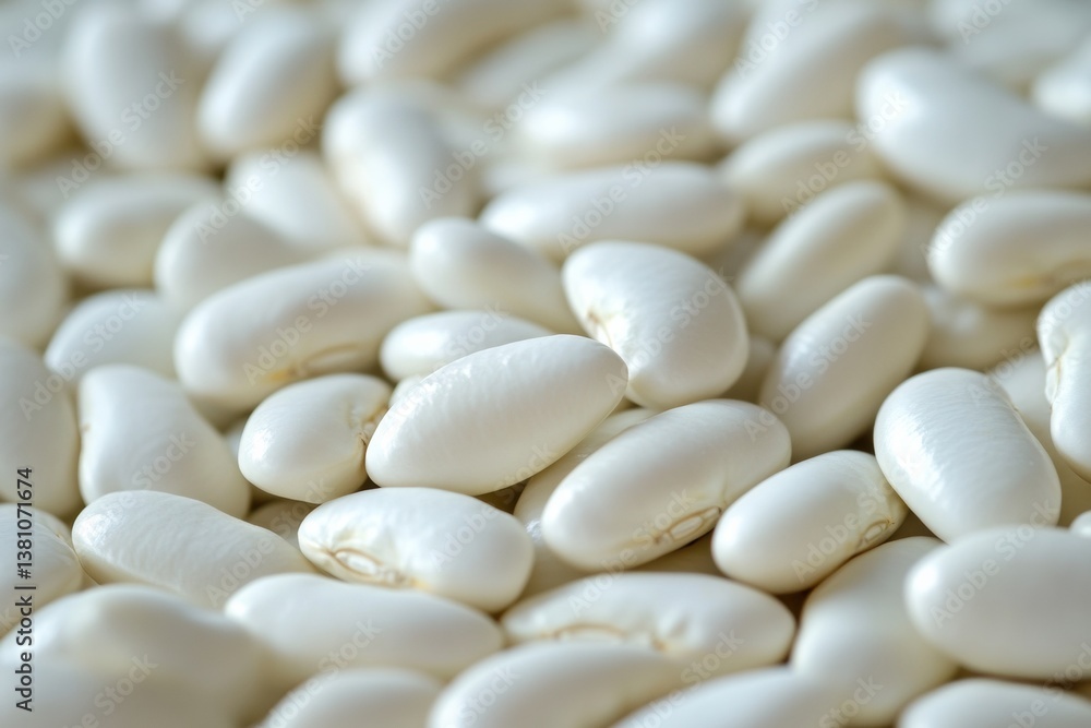 Close-up of white kidney beans displaying texture and shape