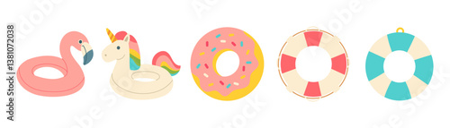 A row of cartoonish pool toys including a unicorn float, a donut float, and a life preserver