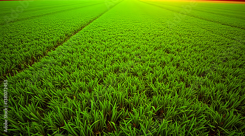 Lush Green Field Stretching to Horizon, Vibrant Grass with Subtle Light, Nature's Serenity in a Wide Landscape View.