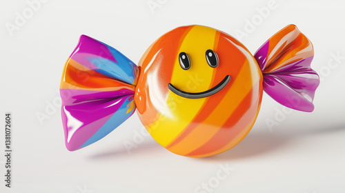Shiny striped cartoon candy in orange, yellow, and red with a smiling face and purple-blue twisted ends, full of charm.