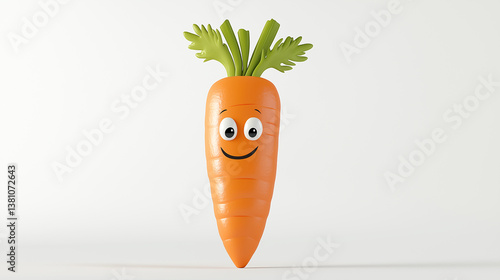 Minimal and cute 3D cartoon carrot standing upright with a friendly smiling face and leafy green top.