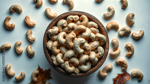 Cashew Nuts in Wooden Bowl, Scattered on White Surface with Autumn Leaves, Natural Snack and Healthy Ingredient Still Life.