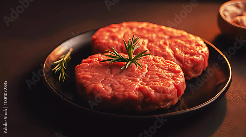 Raw Burger Patties on Dark Plate, Fresh Ground Meat with Rosemary, Ready for Grilling in a Culinary Still Life.