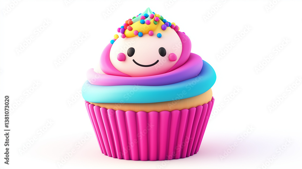 Whimsical 3D cartoon cupcake with layered blue and pink frosting, a smiling face, and colorful toppings, ready to delight. Whimsical 3D cartoon cupcake with layered blue and pink frosting, a smiling face, and colorful toppings, ready to delight.