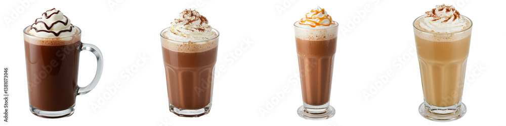 Four glasses of coffee topped with whipped cream and toppings. Four glasses of coffee topped with whipped cream and toppings.