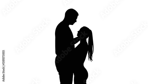Silhouette couple embracing in love against white background  