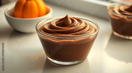 Chocolate Mousse Desserts in Glass Bowls, Sweet Treat with Pumpkin Accent, Perfect for Autumn Indulgence and Festive Celebration.
