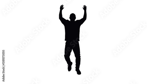 Silhouette of a person celebrating joyfully against a white background  