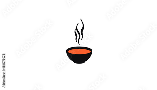 Hot soup in a black bowl with steam rising  