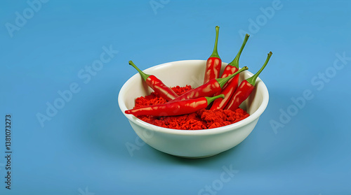 Red Chili Peppers in White Bowl on Blue Background, Vibrant Spices and Culinary Ingredient Still Life Composition.