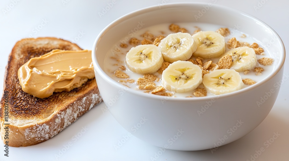 Breakfast scene with cornflakes, banana slices, peanut butter toast, and scattered peels Breakfast scene with cornflakes, banana slices, peanut butter toast, and scattered peels