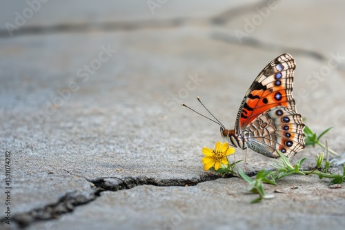 Close-up of a butterfly resting on a wildflower growing between cracks in a concrete sidewalk