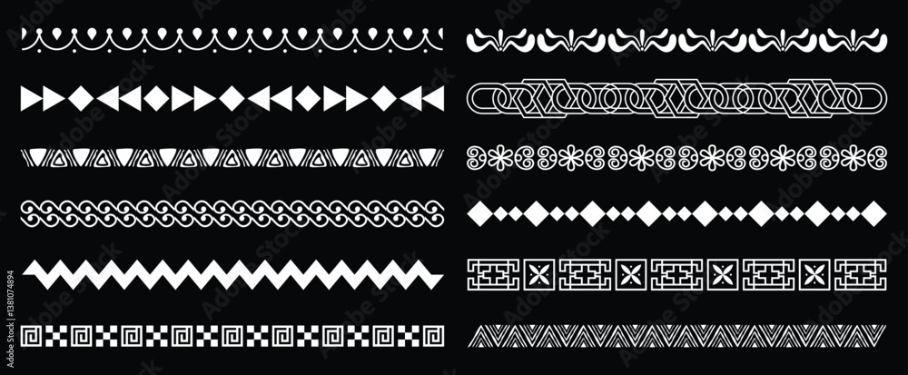 Hand drawn traditional folk motif, ethnic pattern chalkboard set. Peru, mexican, aztec drawn border pattern. Boho, indian decoration, arrow element. Vector illustration.