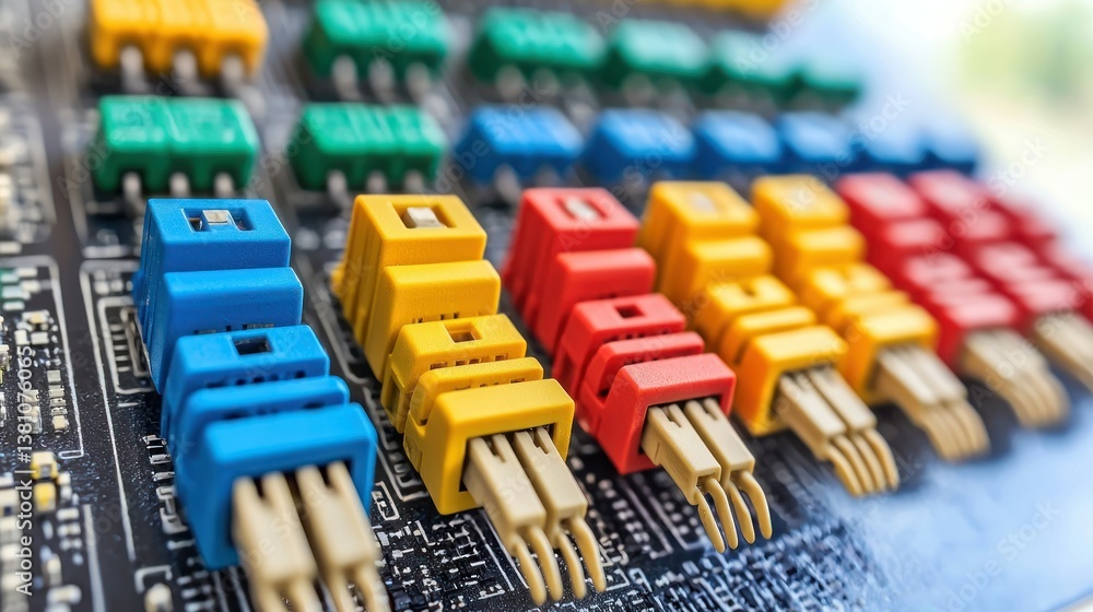 Obraz premium Colorful Circuit Board Connectors: A Close-Up View of Electronic Components