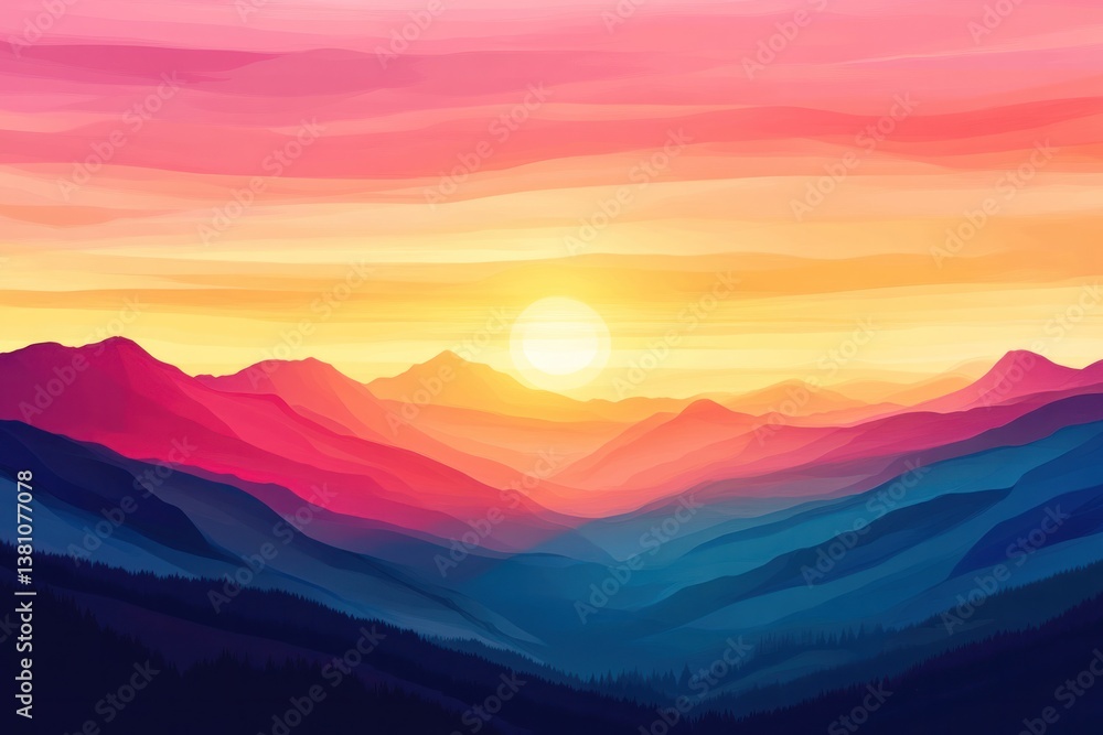 A panoramic view of the sun rising over a vast mountain range, casting vibrant streaks of pink, orange, and gold across the sky. The rugged landscape is silhouetted against the colorful horizon A panoramic view of the sun rising over a vast mountain range, casting vibrant streaks of pink, orange, and gold across the sky. The rugged landscape is silhouetted against the colorful horizon