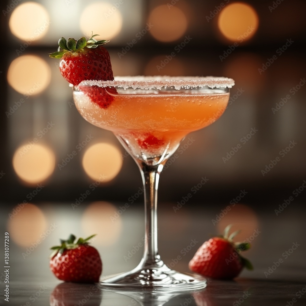 close-up of a strawberry daiquiri with a sugar rim and fresh strawberry garnish soft pink and red hues soft warm lighting clean white backdrop close-up of a strawberry daiquiri with a sugar rim and fresh strawberry garnish soft pink and red hues soft warm lighting clean white backdrop