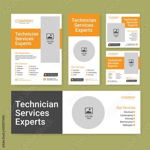 technician service social media post banner set, handyman electricity advertisement concept, light bulb electrician abstract square ad, flyer leaflet concept