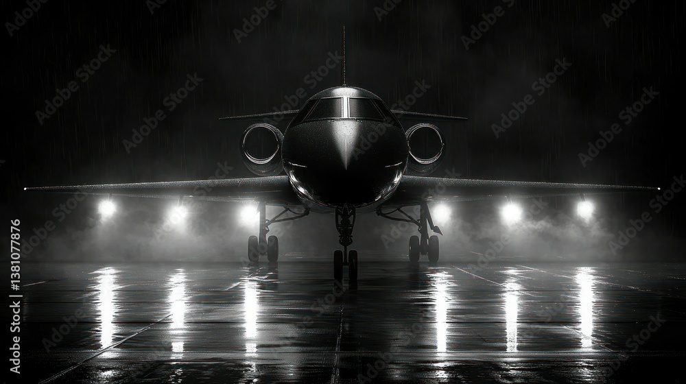 Fototapeta premium Night Flight: Private Jet on Rainy Runway