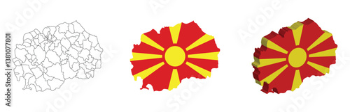 North Macedonia outline, fill with flag and 3d map