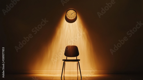 An artistic installation of a solitary chair aligned beneath a spotlight of golden light from an off-center wall clock