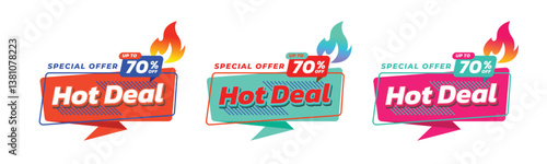 Hot Deal, Online selling promotion, banner design with fire shape, summer and colorful concept. Online marketing, shopping day, special offer, voucher and discount. Vector illustration.