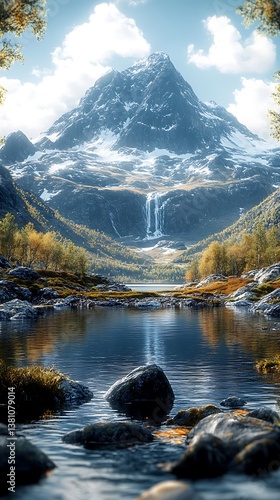  Majestic Snow-Capped Mountain Reflecting Autumn Foliage and Waterfall in Serene Lake