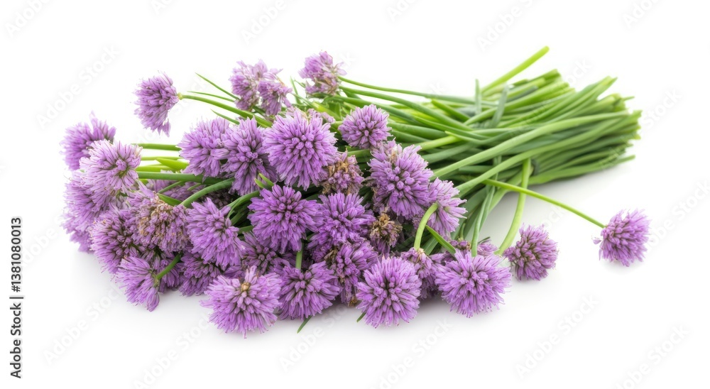 Chive Blossom Bundle Freshly Cut on White Background for Culinary Use Chive Blossom Bundle Freshly Cut on White Background for Culinary Use