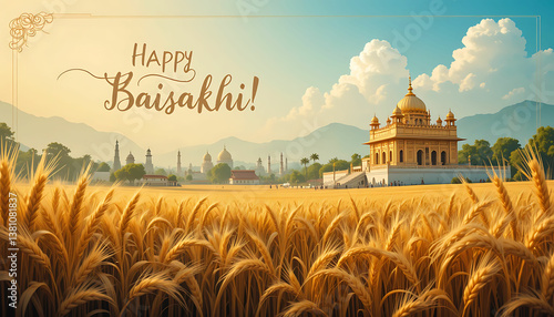 Golden temple and wheat field landscape with happy baisakhi greeting in the sky above the field
