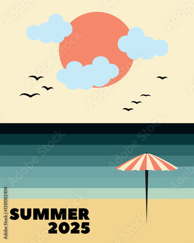 Minimalist Japanese-style 'Summer 2025' vector poster featuring a serene beach, ocean waves, a sun with clouds, flying birds, and a striped umbrella, evoking a tranquil seasonal vibe