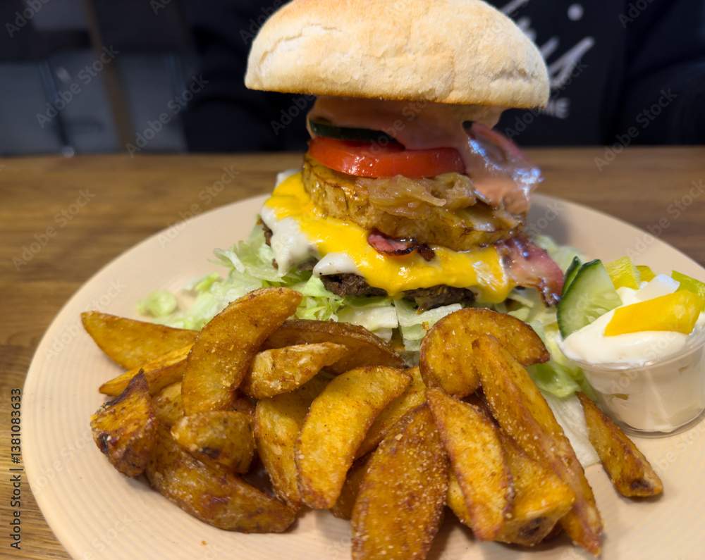homemade cheeseburger with wedge potatoes and dip