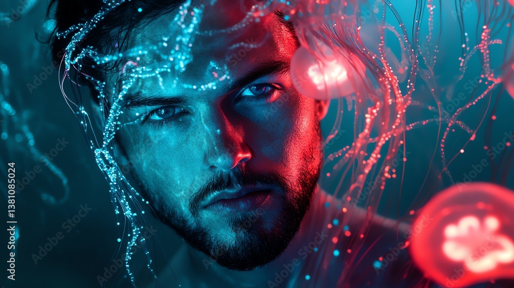 A man submerged in water surrounded by jellyfish. A man submerged in water surrounded by jellyfish.