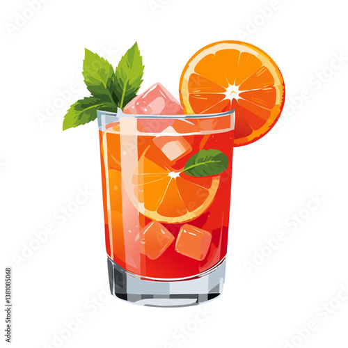Aperol spritze cocktail vector illustration. Image of summer refreshing alcoholic drink in a glass with ice. Traditional Italian aperitif for bar and menu.