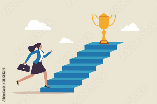 Woman success, step to achieve career success, motivation to grow career path, growth, climb up stair to reach goal, ambition concept, business woman run fast climb up stair to reach winning trophy.