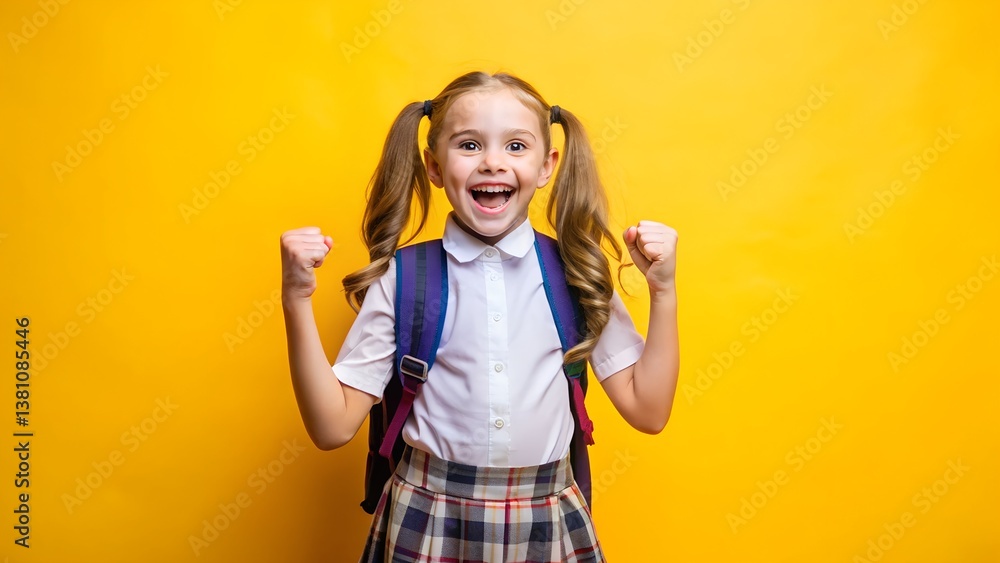 A Cheerful Young Schoolgirl Standing Against a Vibrant School Wall A Cheerful Young Schoolgirl Standing Against a Vibrant School Wall
