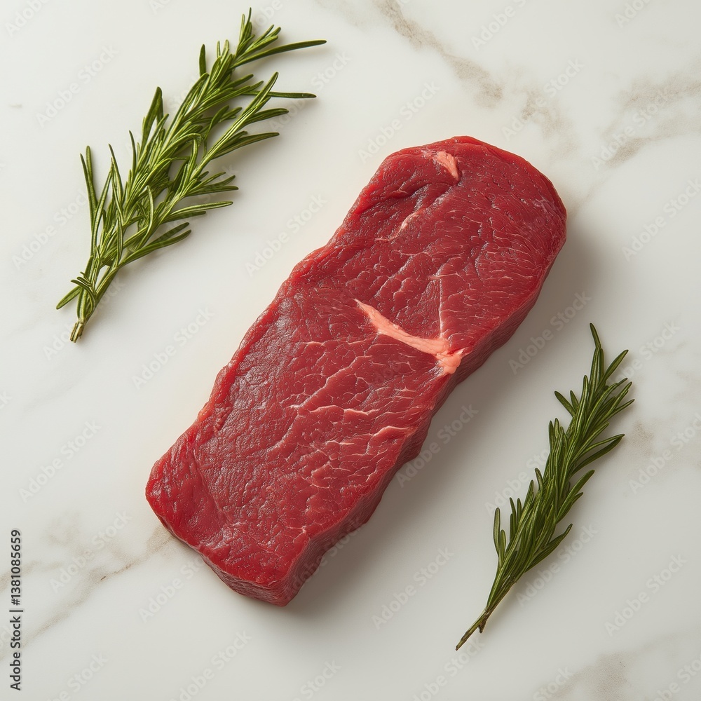 Top-down view of raw venison loin steak with rosemary on marble surface Top-down view of raw venison loin steak with rosemary on marble surface