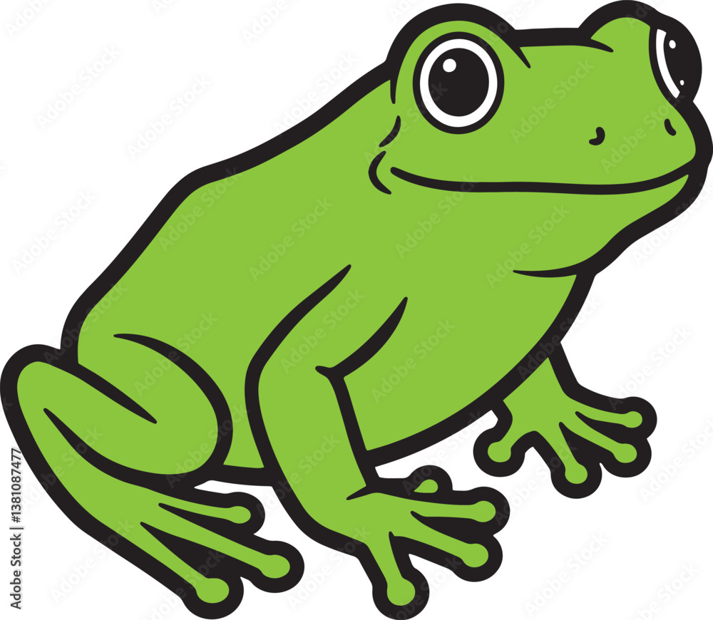 Fototapeta premium Green cartoon frog sitting happily on a white background 