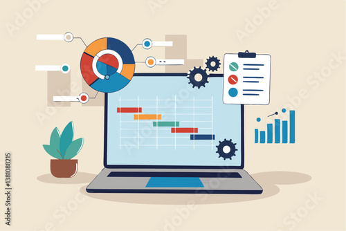 Project management, planning for software development, resources and budget planning, project schedule diagram, Gantt chart for work deadline concept, computer laptop with project management software.