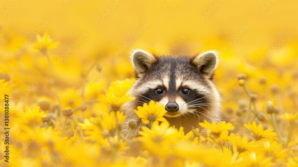 Obraz premium Cute Raccoon in Yellow Flowers, Adorable raccoon surrounded by vibrant yellow blossoms.