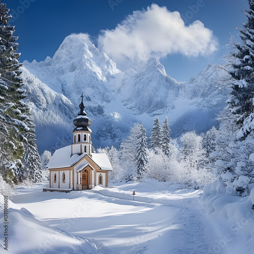 church in the mountains winter vibes On white background