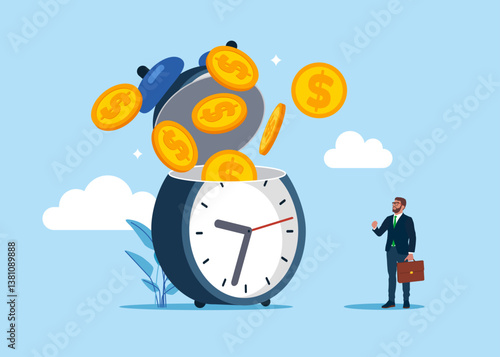 Open clock to see Golden Coins. Value of money increases over time. Savings, Collecting Money in Account, Open Bank Deposit. World economic vision for business, technology,  investment. 